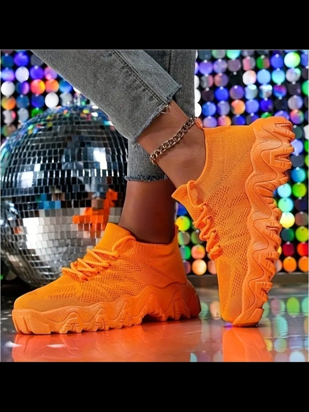 Neon Orange Knit Lace Up Slip On Platform Sneakers